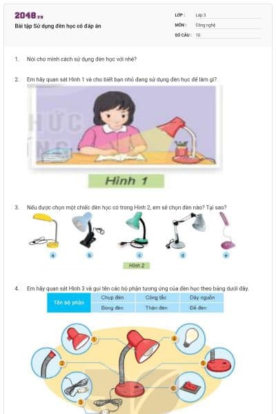 Bài tập Sử dụng đèn học có đáp án