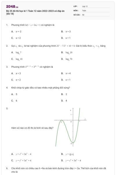 Bộ 25 đề thi học kì 1 Toán 12 năm 2022-2023 có đáp án (Đề 18)