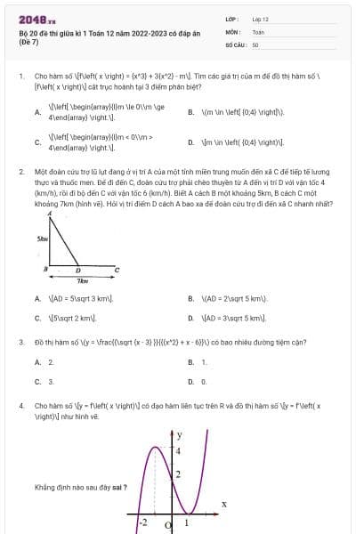 Bộ 20 đề thi giữa kì 1 Toán 12 năm 2022-2023 có đáp án (Đề 7)
