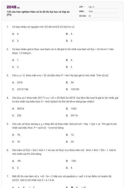 120 câu trắc nghiệm Hàm số từ đề thi đại học có đáp án (P3)