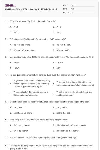 Đề kiểm tra Giữa kì 2 Vật lí 8 có đáp án (Mới nhất) - Đề 18