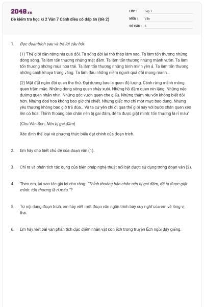 Đề kiểm tra học kì 2 Văn 7 Cánh diều có đáp án (Đề 2)