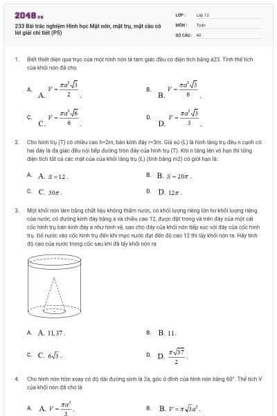 233 Bài trắc nghiệm Hình học Mặt nón, mặt trụ, mặt cầu có lời giải chi tiết (P5)