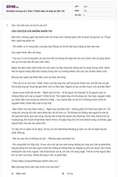 Đề kiểm tra học kì 2 Văn 7 Cánh diều có đáp án (Đề 10)