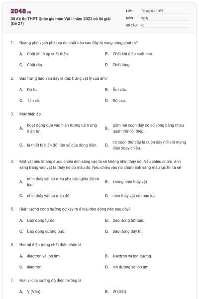 30 đề thi THPT Quốc gia môn Vật lí năm 2022 có lời giải (Đề 27)