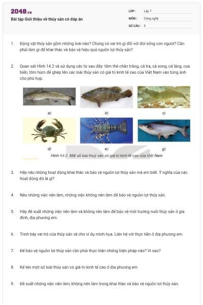 Bài tập Giới thiệu về thủy sản có đáp án