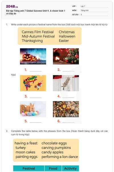 Bài tập Tiếng anh 7 Global Success Unit 9. A closer look 1 có đáp án