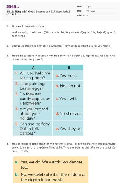 Bài tập Tiếng anh 7 Global Success Unit 9. A closer look 2 có đáp án