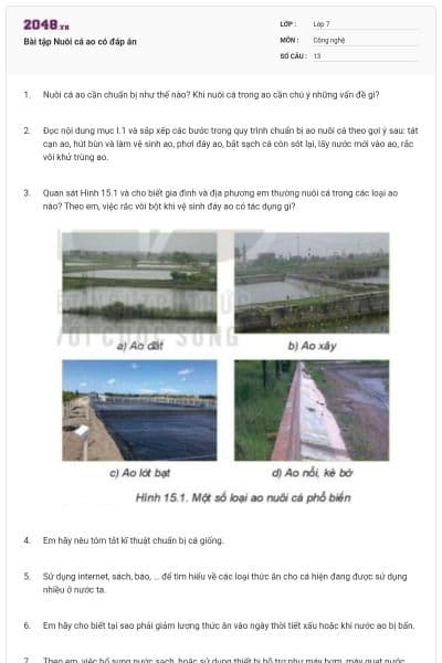 Bài tập Nuôi cá ao có đáp án