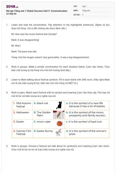 Bài tập Tiếng anh 7 Global Success Unit 9. Communication có đáp án