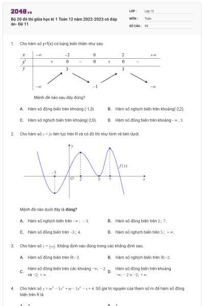 Bộ 20 đề thi giữa học kì 1 Toán 12 năm 2022-2023 có đáp án- Đề 11