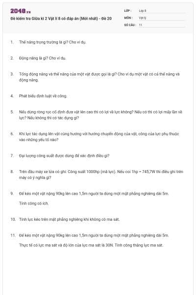 Đề kiểm tra Giữa kì 2 Vật lí 8 có đáp án (Mới nhất) - Đề 20