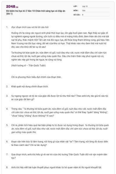 Đề kiểm tra học kì 2 Văn 10 Chân trời sáng tạo có đáp án (Đề 1)