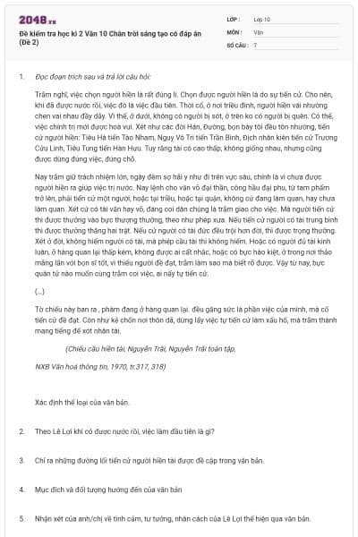 Đề kiểm tra học kì 2 Văn 10 Chân trời sáng tạo có đáp án (Đề 2)