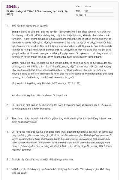 Đề kiểm tra học kì 2 Văn 10 Chân trời sáng tạo có đáp án (Đề 3)