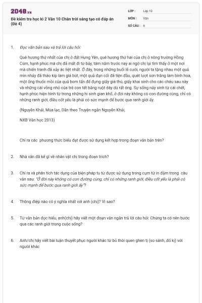 Đề kiểm tra học kì 2 Văn 10 Chân trời sáng tạo có đáp án (Đề 4)