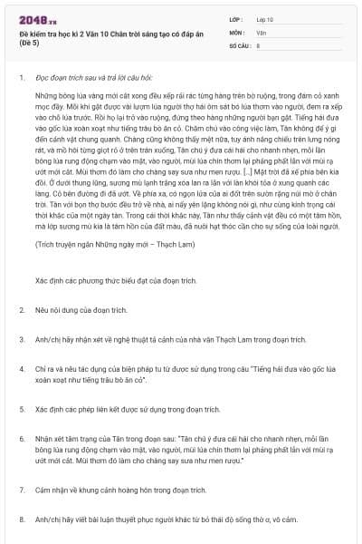 Đề kiểm tra học kì 2 Văn 10 Chân trời sáng tạo có đáp án (Đề 5)