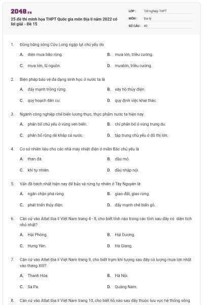 25 đề thi minh họa THPT Quốc gia môn Địa lí năm 2022 có lời giải - Đề 15