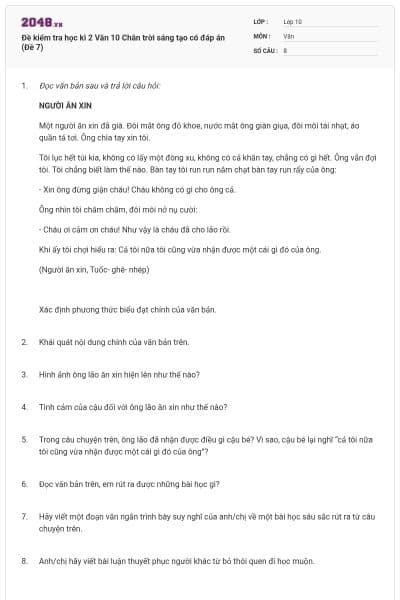 Đề kiểm tra học kì 2 Văn 10 Chân trời sáng tạo có đáp án (Đề 7)