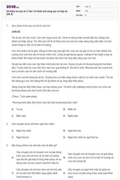 Đề kiểm tra học kì 2 Văn 10 Chân trời sáng tạo có đáp án (Đề 8)