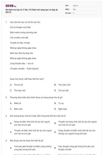 Đề kiểm tra học kì 2 Văn 10 Chân trời sáng tạo có đáp án (Đề 9)