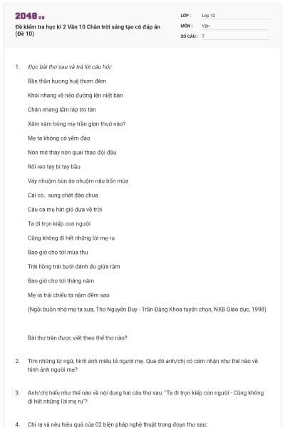 Đề kiểm tra học kì 2 Văn 10 Chân trời sáng tạo có đáp án (Đề 10)