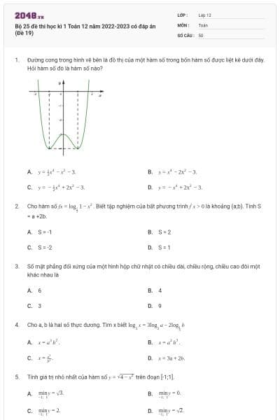 Bộ 25 đề thi học kì 1 Toán 12 năm 2022-2023 có đáp án (Đề 19)