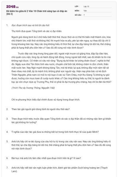 Đề kiểm tra giữa kì 2 Văn 10 Chân trời sáng tạo có đáp án (Đề 2)