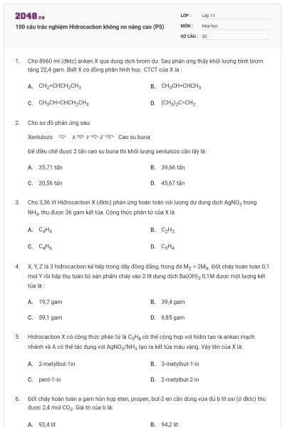 100 câu trắc nghiệm Hidrocacbon không no nâng cao (P5)