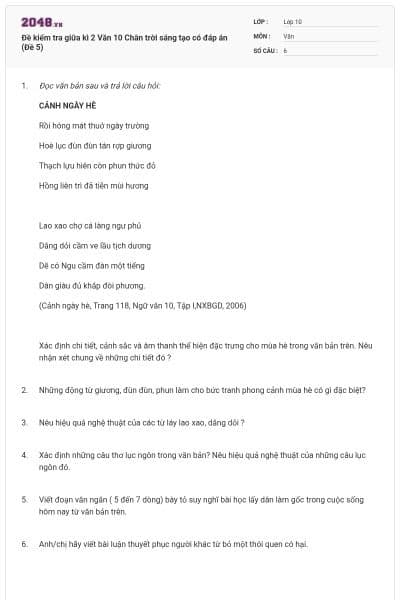 Đề kiểm tra giữa kì 2 Văn 10 Chân trời sáng tạo có đáp án (Đề 5)