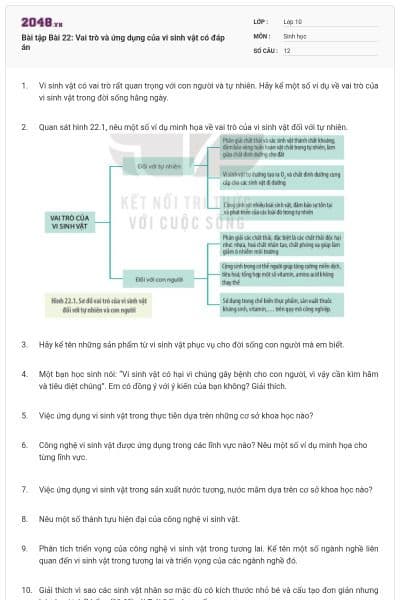 Bài tập Bài 22: Vai trò và ứng dụng của vi sinh vật có đáp án
