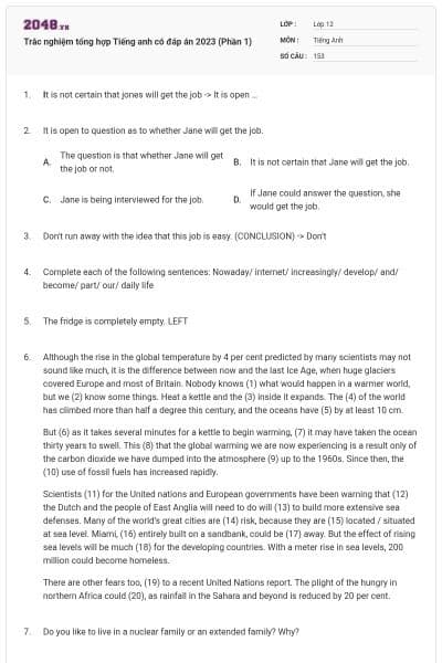 Trắc nghiệm tổng hợp Tiếng anh có đáp án 2023 (Phần 1)