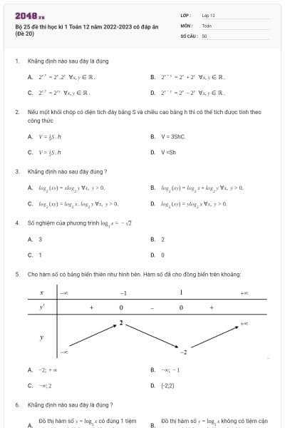 Bộ 25 đề thi học kì 1 Toán 12 năm 2022-2023 có đáp án (Đề 20)