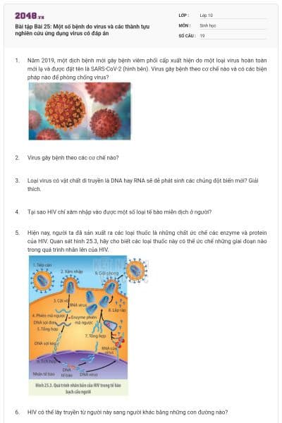 Bài tập Bài 25: Một số bệnh do virus và các thành tựu nghiên cứu ứng dụng virus có đáp án