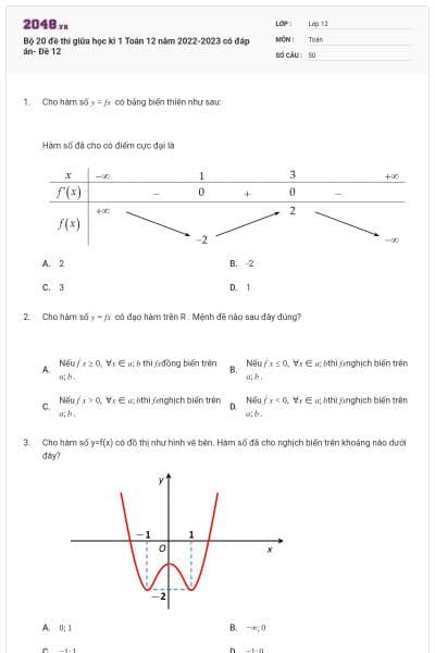 Bộ 20 đề thi giữa học kì 1 Toán 12 năm 2022-2023 có đáp án- Đề 12