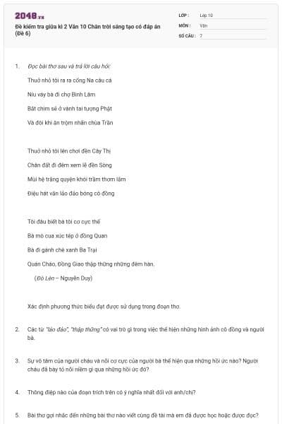 Đề kiểm tra giữa kì 2 Văn 10 Chân trời sáng tạo có đáp án (Đề 6)