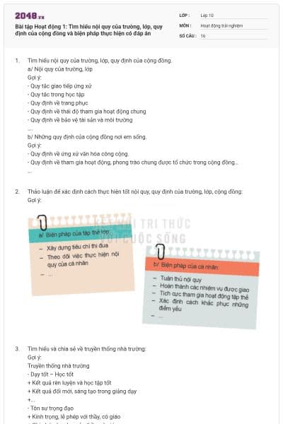 Bài tập Hoạt động 1: Tìm hiểu nội quy của trường, lớp, quy định của cộng đồng và biện pháp thực hiện có đáp án