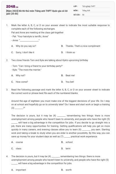 [Năm 2022] Đề thi thử môn Tiếng anh THPT Quốc gia có lời giải (20 đề)