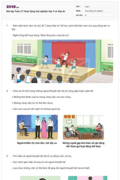 Bài tập Tuần 27 Hoạt động trải nghiệm lớp 3 có đáp án