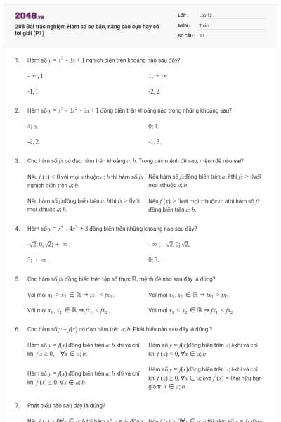 208 Bài trắc nghiệm Hàm số cơ bản, nâng cao cực hay có lời giải (P1)