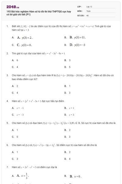 193 Bài trắc nghiệm Hàm số từ đề thi thử THPTQG cực hay có lời giải chi tiết (P1)