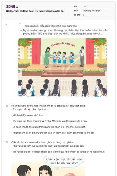 Bài tập Tuần 35 Hoạt động trải nghiệm lớp 3 có đáp án