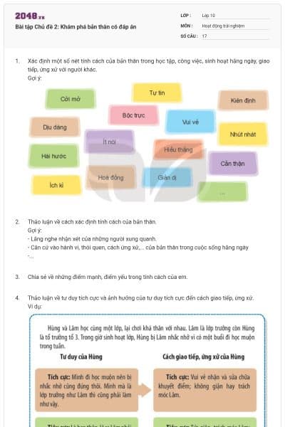 Bài tập Chủ đề 2: Khám phá bản thân có đáp án