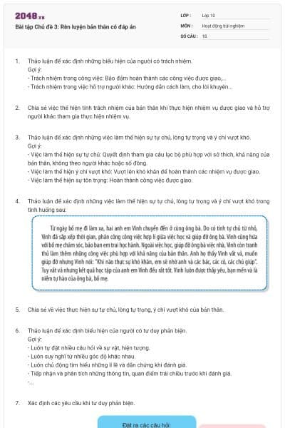 Bài tập Chủ đề 3: Rèn luyện bản thân có đáp án