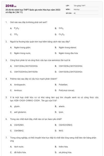 20 đề thi minh họa THPT Quốc gia môn Hóa học năm 2022 có đáp án ( Đề 11)
