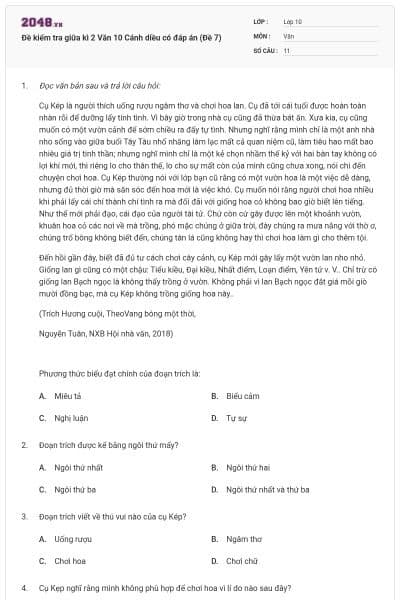 Đề kiểm tra giữa kì 2 Văn 10 Cánh diều có đáp án (Đề 7)
