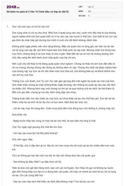 Đề kiểm tra giữa kì 2 Văn 10 Cánh diều có đáp án (Đề 8)