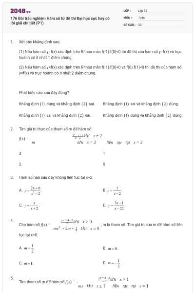 176 Bài trắc nghiệm Hàm số từ đề thi Đại học cực hay có lời giải chi tiết (P1)