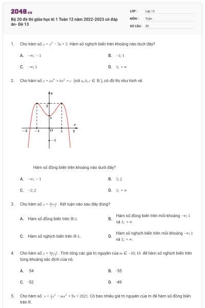 Bộ 20 đề thi giữa học kì 1 Toán 12 năm 2022-2023 có đáp án- Đề 13