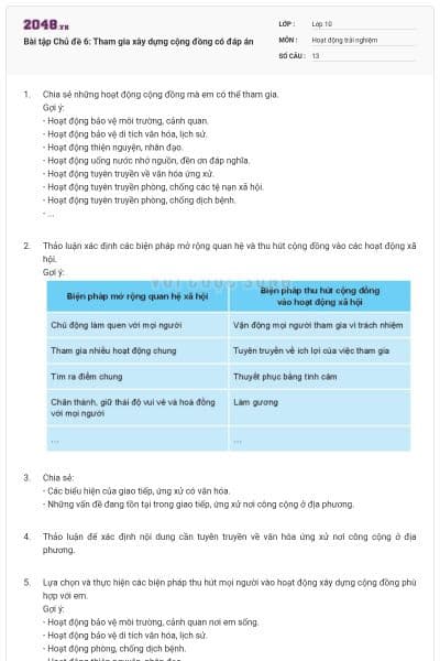 Bài tập Chủ đề 6: Tham gia xây dựng cộng đồng có đáp án